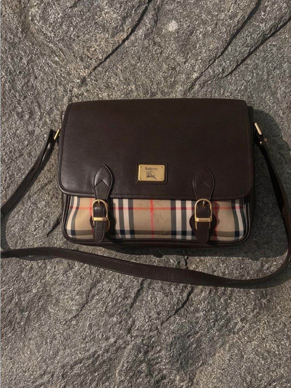 Burberry Dark Brown Leather Messenger Bag with Vintage Check